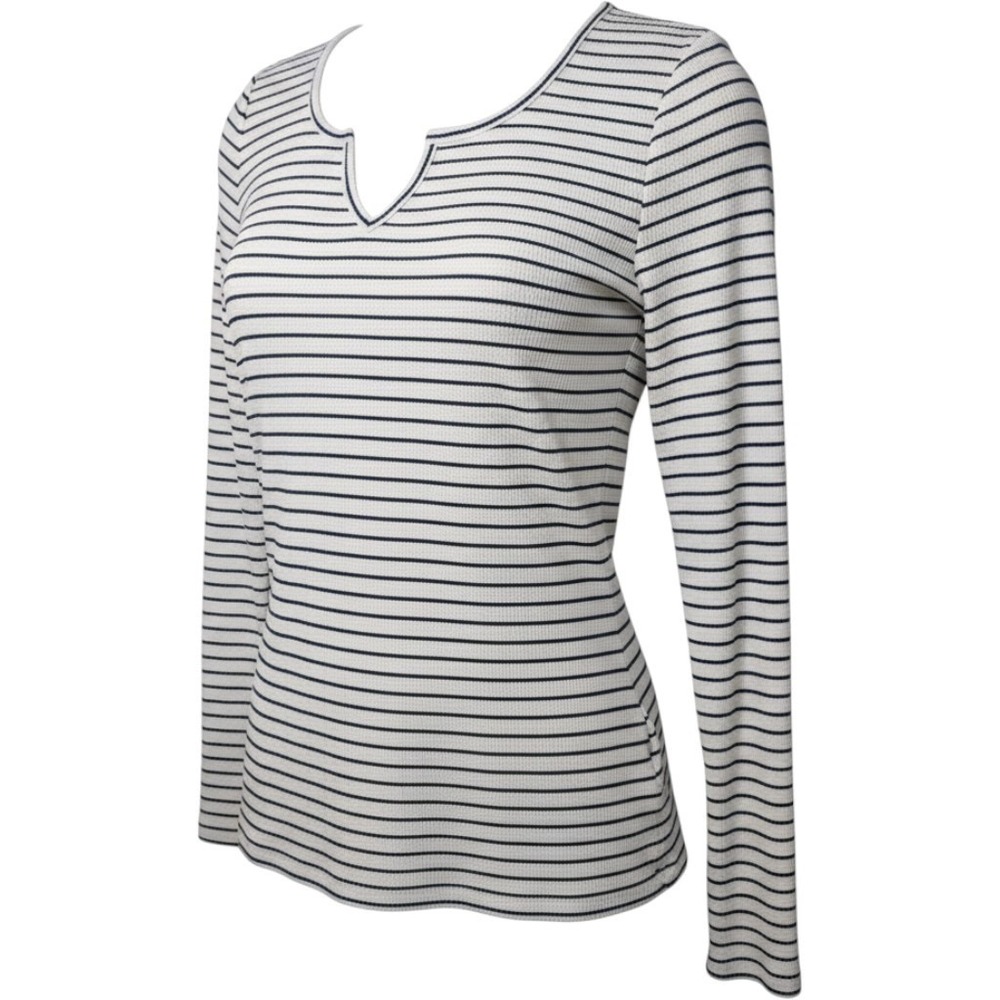 Lands End Womens Medium Striped Waffle Knit Split Neck Long Sleeve Top Navy